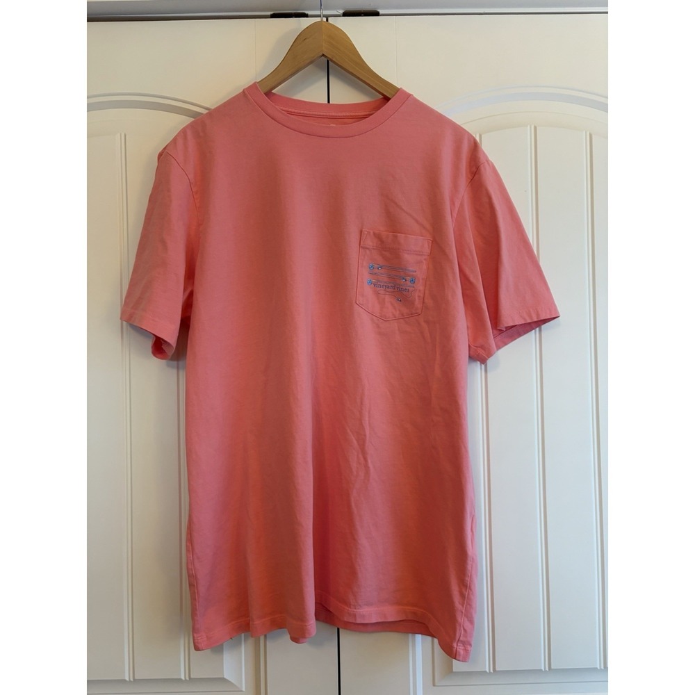 Vineyard Vines Men's Pocket Tee T Shirt Pink Size L Fishing Rods EUC
